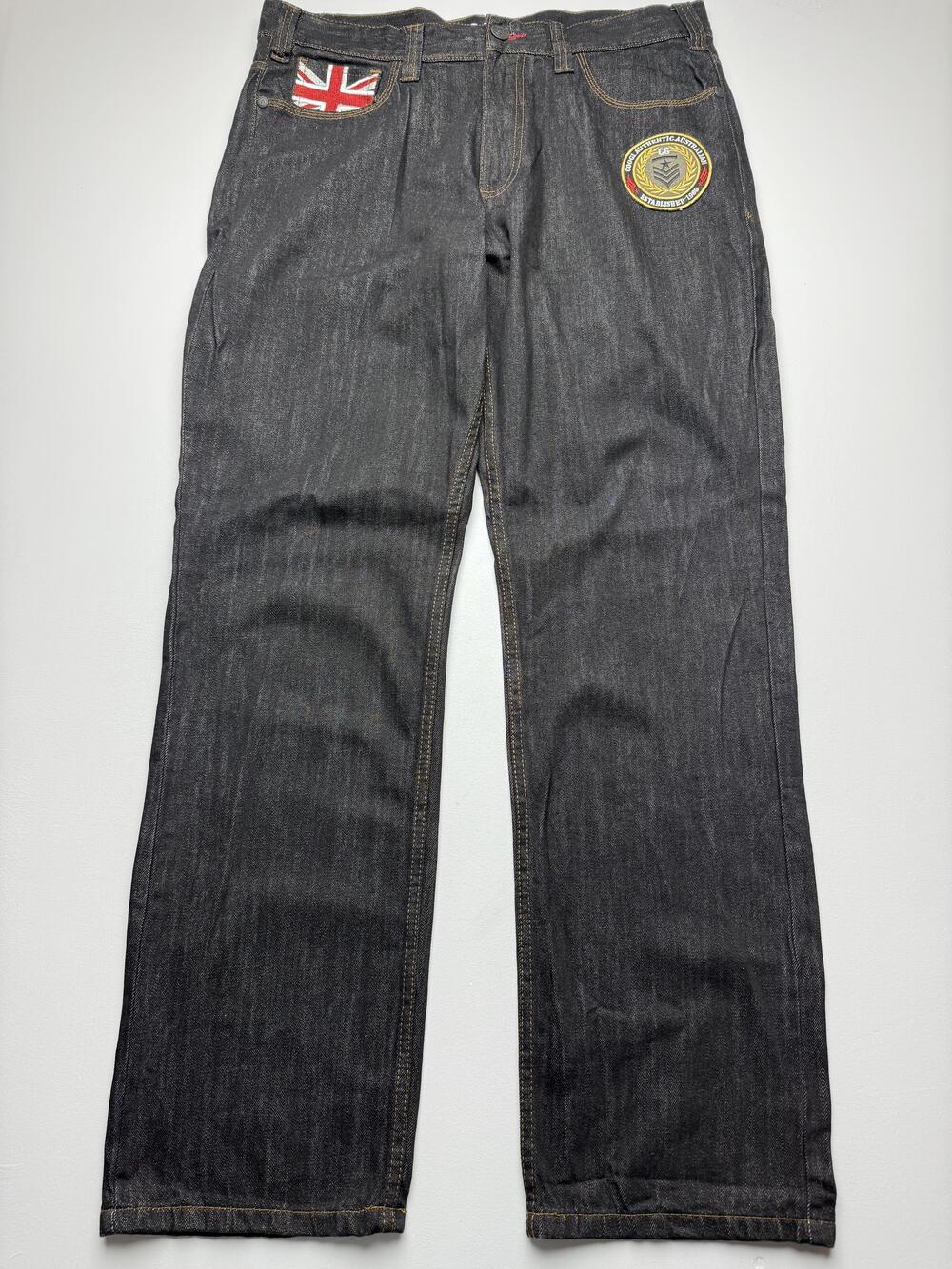 Coogi Jeans Mens 36x32 Blue Dark Wash Denim Relaxed Straight Flag Embroidered